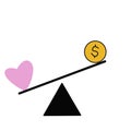 Balance between heart love and money. Love is more valuable than money concept Royalty Free Stock Photo