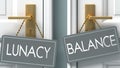 Balance or lunacy as a choice in life - pictured as words lunacy, balance on doors to show that lunacy and balance are different Royalty Free Stock Photo