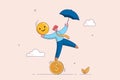 Balance between money and happiness, wealth and health, businessman holding umbrella balancing himself on stack of smile