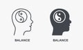 Balance, Peace, Wellness, Harmony Pictogram. Yin Yang Sign in Human Head Silhouette and Line Icon Set. Meditation for Royalty Free Stock Photo