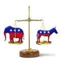 Balance of political power shown with Republican elephant and Democrat donkey balancing on a scale Royalty Free Stock Photo