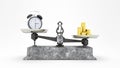 Balance Scale with Clock and Gold Coins, money is worth more than time concept 3D Render, 3D Illustration Royalty Free Stock Photo