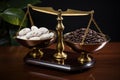 Balance scale with coffee beans and white cookies. Studio photography with dark background