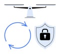 Balance Scale, Cycle Arrow, and Shield with Lock Representing Justice, Security, and Continuity Royalty Free Stock Photo