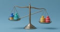 A balance scale rests on a blue background. On the left side, two weights labeled Royalty Free Stock Photo