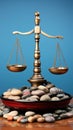 A balance scale sitting on top of a pile of rocks. AI.