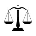 Balance scales black icon. Judge scale silhouette image, trading weight and law court symbol vector illustration, black
