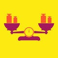 Balance scales with calibration weights. Flat style vector illustration isolated on yellow
