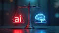 Balance scales compare artificial intelligence text and human brain illustration. Concept of AI versus human intellect debate Royalty Free Stock Photo