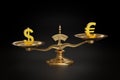 Balance scales with dollar and euro signs on their plates. 3d illustration Royalty Free Stock Photo