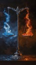 Balance scales with fire and ice elements, concept of duality Royalty Free Stock Photo