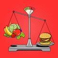 Balance scales with food comic book style vector