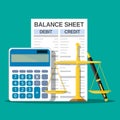 Balance sheet with calculator, scales and pen. Royalty Free Stock Photo