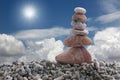 Balance stone on pile rock with blue sky background.