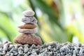 Balance stone on pile rock with garden background.