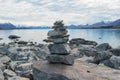Balance stone pyramid  at Tekapo lake, New Zealand Royalty Free Stock Photo