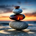 Balance of a stone stack of stones against the background of the sea and sunset