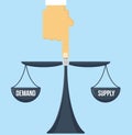 Balance of supply and demand scale with invisible hand pointing to the center vector