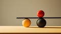 A balance of three eggs on a table with one egg in the middle, AI