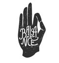 Balance. Vector illustration of hand in meditating pose pose Jnana or Chin mudra yoga pose and lettering.