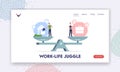 Balance between Work and Home Landing Page Template. Tiny Male Characters Balancing on Huge Scales with Career or Family Royalty Free Stock Photo