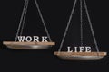 Balance work and personal life. Scales on black background close up Royalty Free Stock Photo