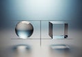 A balanced arrangement of a clear glass sphere and a cube, suspended on thin horizontal lines, Royalty Free Stock Photo