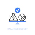 Balanced budget symbol with a money bag and a pie chart on the weight