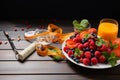 Balanced diet blueprint Menu, tape measure, dumbbells water, fresh fruits underline health