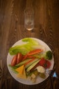 Balanced diet, cooking, culinary and food concept - close up of vegetables, fruits and meat on wooden table Royalty Free Stock Photo