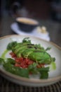 Balanced diet, cooking, culinary and food concept - close up of vegetables, fruits and meat on wooden table Royalty Free Stock Photo