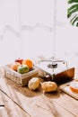 balanced diet, cooking, culinary and food concept - close up of vegetables, fruits and meat on wooden table Royalty Free Stock Photo