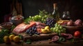 balanced diet, cooking, culinary and food concept - close up of vegetables, fruits and meat on wooden table. Generative Ai Royalty Free Stock Photo