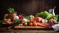 balanced diet, cooking, culinary and food concept - close up of vegetables, fruits and meat on wooden table. Generative Ai Royalty Free Stock Photo