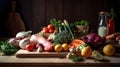 balanced diet, cooking, culinary and food concept - close up of vegetables, fruits and meat on wooden table. Generative Ai Royalty Free Stock Photo