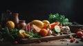 balanced diet, cooking, culinary and food concept - close up of vegetables, fruits and meat on wooden table. Generative Ai Royalty Free Stock Photo