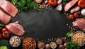 Balanced diet food background. Organic food for healthy nutrition. Meat fish beans and vegetables. Top view copy space on dark Royalty Free Stock Photo