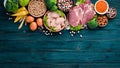 Balanced diet food background. Protein foods On a blue wooden background.