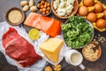 Balanced diet food background. Protein foods: fish, meat, cheese Royalty Free Stock Photo