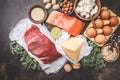 Balanced diet food background. Protein foods: fish, meat, cheese Royalty Free Stock Photo