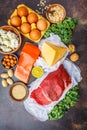 Balanced diet food background. Protein foods: fish, meat, cheese Royalty Free Stock Photo