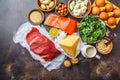 Balanced diet food background. Protein foods: fish, meat, cheese Royalty Free Stock Photo