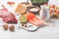 Balanced diet food background. Protein foods: fish, meat, cheese Royalty Free Stock Photo