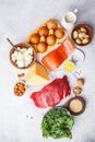 Balanced diet food background. Protein foods: fish, meat, eggs Royalty Free Stock Photo