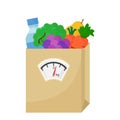 Balanced diet. Healthy nutrition. Fresh vegetables, fruits and bottle water. Paper bag of food with scale. Vector Royalty Free Stock Photo