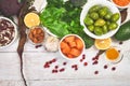 Balanced diet nutrition for liver, healthy clean eating concept on white wooden background. Liver detox diet. Copy space, top view Royalty Free Stock Photo