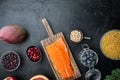 Balanced diet organic healthy food clean eating selection, flat lay with space for text, on black background