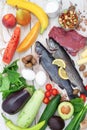 Balanced healthy organic nutrition with meat, fish and vegetables