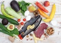 Balanced healthy organic nutrition with meat, fish and vegetables