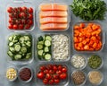 Balanced meal prep containers with proteins, veggies, and grains. Royalty Free Stock Photo